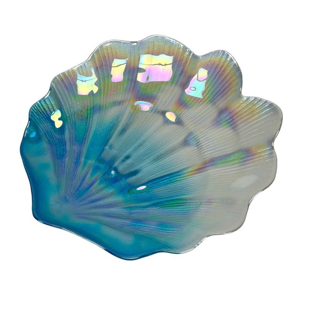 Iridescent Glass Scallop Shell Decorative Plate Blue Teal 11.75 Inch